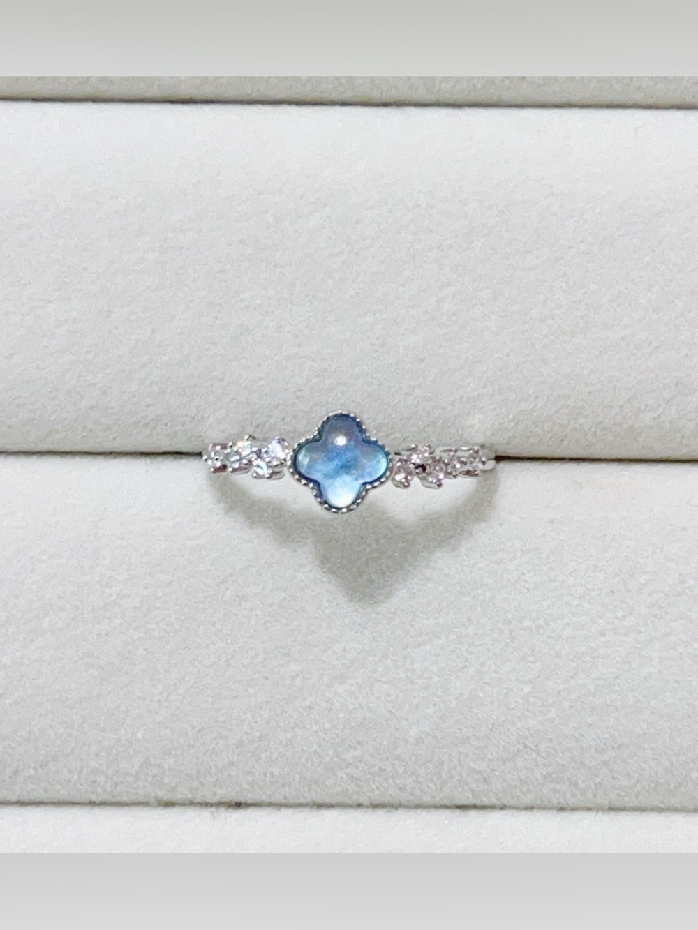 Natural Blue Aquamarine Four-Leaf Clover Ring Silver Plated Dainty Open Ring